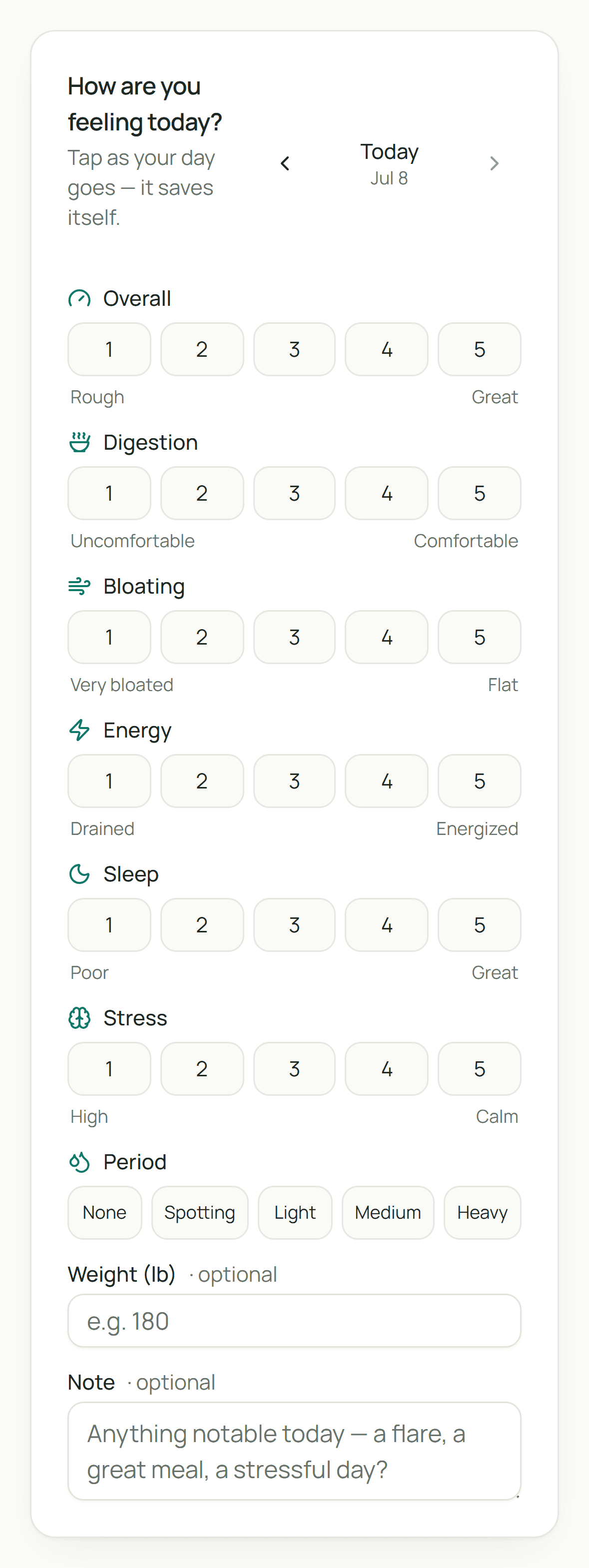 The daily check-in: six 1-to-5 taps on sleep, digestion, bloating, energy
