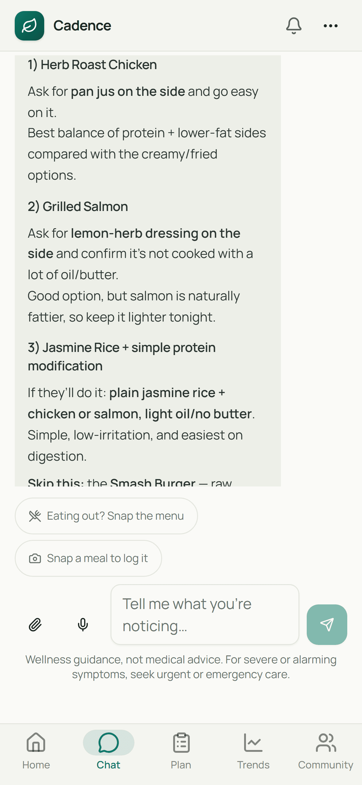 Coach reply to a photographed restaurant menu: three safest orders for this member's triggers, plus what to skip and why